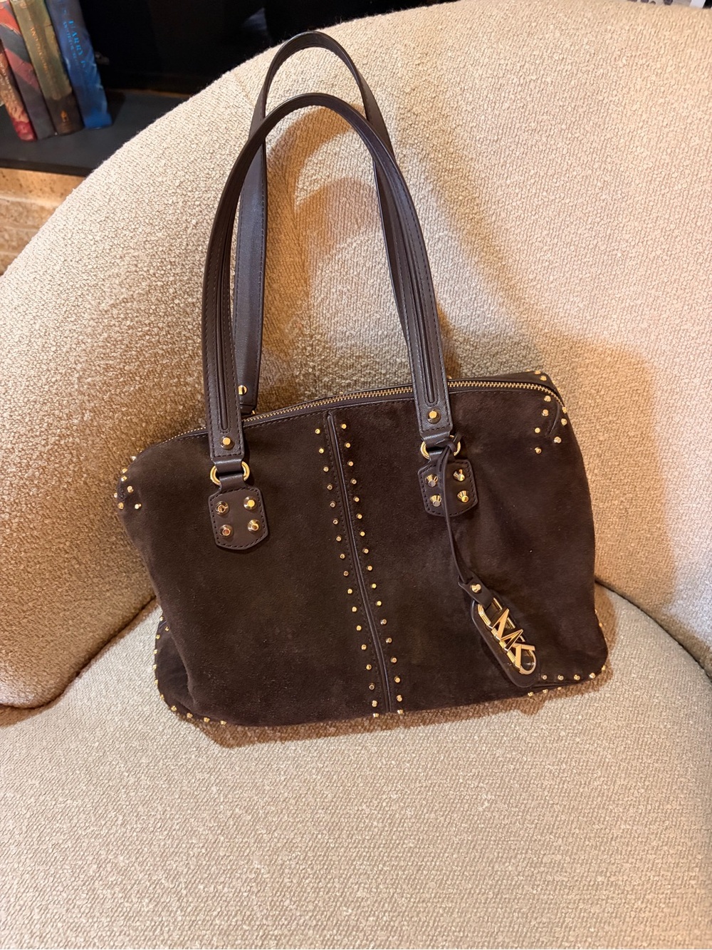 Michael Kors Collection Brown Suede Studded Tote Bag with Gold Accent